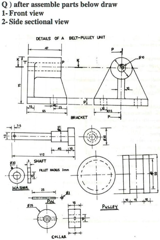 Pulley system assembly: (1) shaft; (2) pulley body; (3) bracket