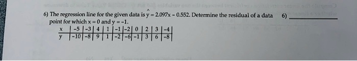 The regression line for the given data is ? = 2.097x - 0.552. Determine the residual of a data point for which x = 0 and y = -1.
x | -5 | -3 | 4 | 1 | -1 | -2 | 0 | 2 | 3 | -4
y | -10 | -8 | 9 | 1 | -2 | -6 | -1 | 3 | 6 | -8
