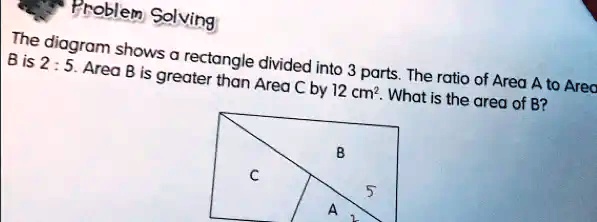 The diagram shows a rectangle divided into 3 parts. The ratio of Area A to Area B is 2 : 5. Area B is greater than Area C by 12 cm². What is the area of B?