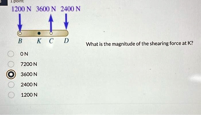 1 point
1200 N 3600 N 2400 N
B K C D
What is the magnitude of the shearing force at K?
0 N
7200 N
3600 N
2400 N
1200 N