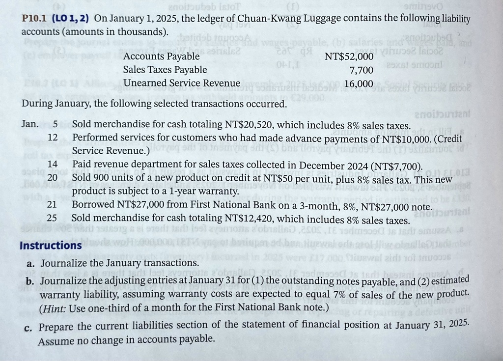 SOLVED: P10.1 (LO 1, 2) On January 1, 2025, the ledger of Chuan-Kwang ...