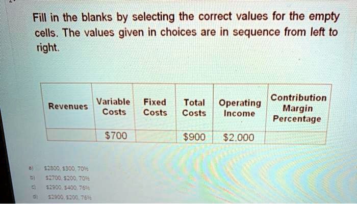 Fill in the blanks by selecting the correct values for the empty
cells. The values given in choices are in sequence from left to
right.
Variable Fixed
Total
Revenues
Operating
Costs
Costs
Costs
Income
Contribution
Margin
Percentage
700900
2,000
a)2800, 300, 70%
b)2700,200, 70%
c)2900,400, 76%
d)2900, 200, 76%