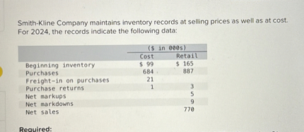 SOLVED: Smith-Kline Company maintains inventory records at selling ...