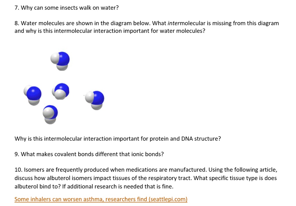 SOLVED 7. Why can some insects walk on water? 8. Water molecules are shown in the diagram below