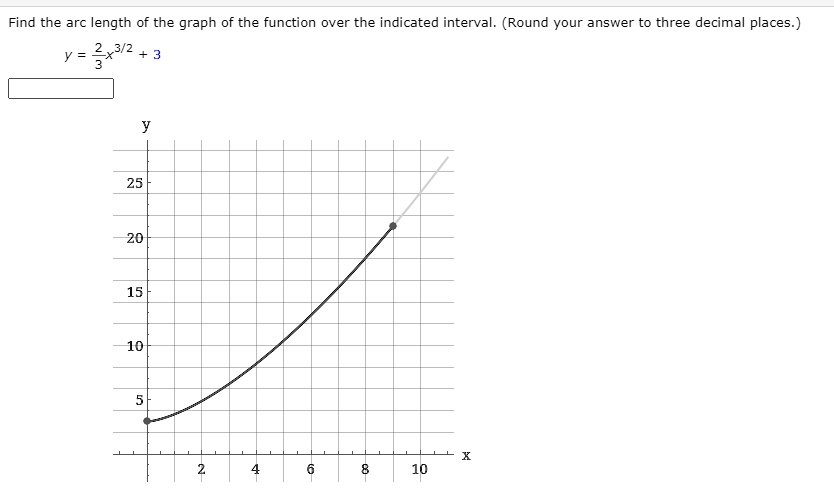 Find the arc length of the graph of the function over the indicated interval. (Round your answer to three decimal places.)
y = 2/3x^3/2 + 3