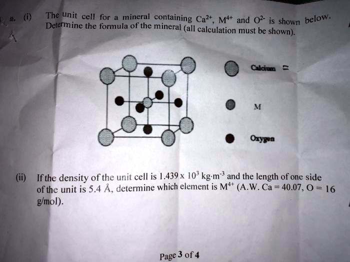 (i) The unit cell for a mineral containing Ca^2+, M^4+ and O^2- is ...