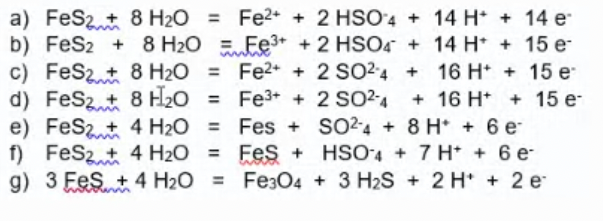 a) FeS2+8 H2O=Fe^2++2 HSO4^-+14 H^++14 e^- b) FeS2+8 H2O=Fe^3++2 HSO4 ...