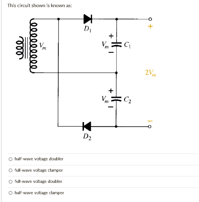 SOLVED: This circuit shown is known as: D1 mI V = C2Vm C2 Dz half-wave ...