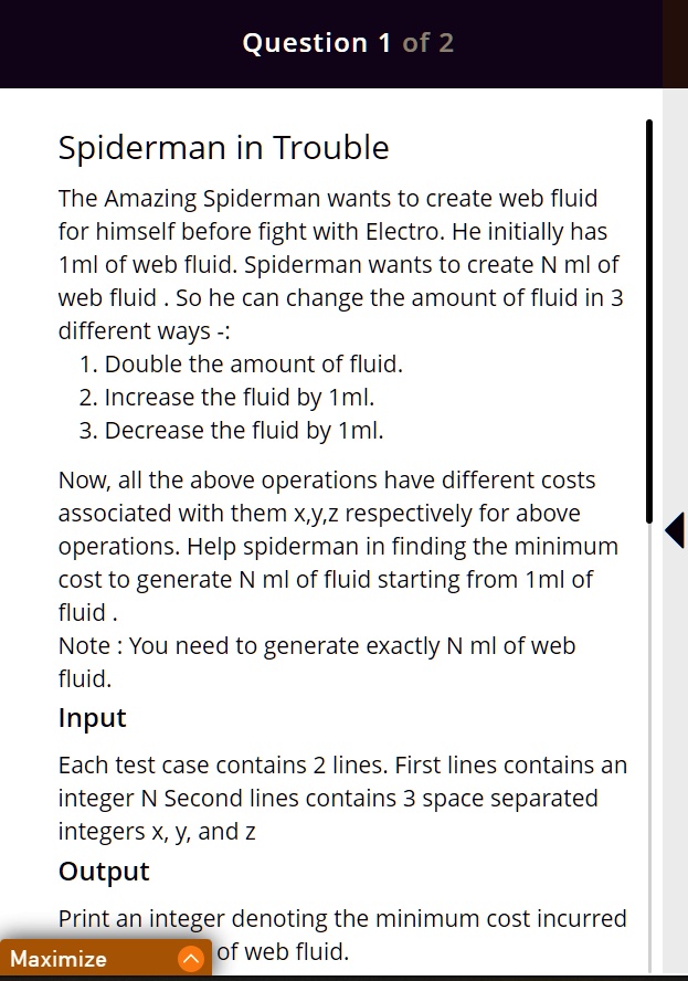 [GET ANSWER] Question 1 of 2 Spiderman in Trouble The Amazing Spiderman ...