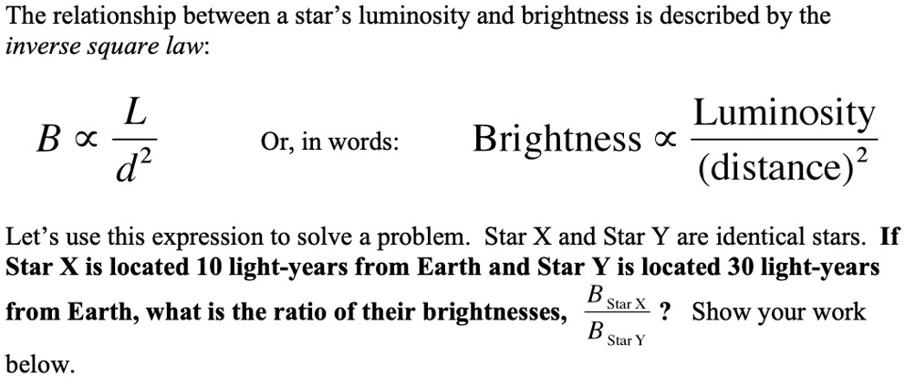The relationship between a star's luminosity and brightness is described by the inverse square law:
B ∝(L)/(d^2)
Or, in words:
Brightness ∝(Luminosity)/((distance)^2)
Let's use this expression to solve a problem. Star X and Star Y are identical stars. If Star X is located 10 light-years from Earth and Star Y is located 30 light-years from Earth, what is the ratio of their brightnesses, (BStar  X)/(BStar  Y)? Show your work below.