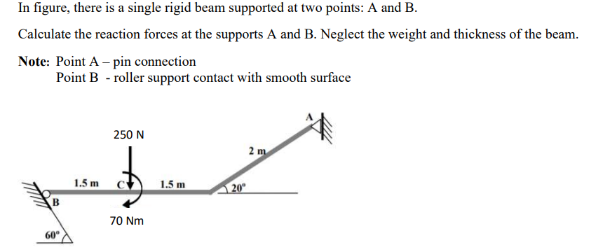 In figure, there is a single rigid beam supported at two points: A and B.
Calculate the reaction forces at the supports A and B. Neglect the weight and thickness of the beam.
Note: Point A - pin connection
Point B - roller support contact with smooth surface