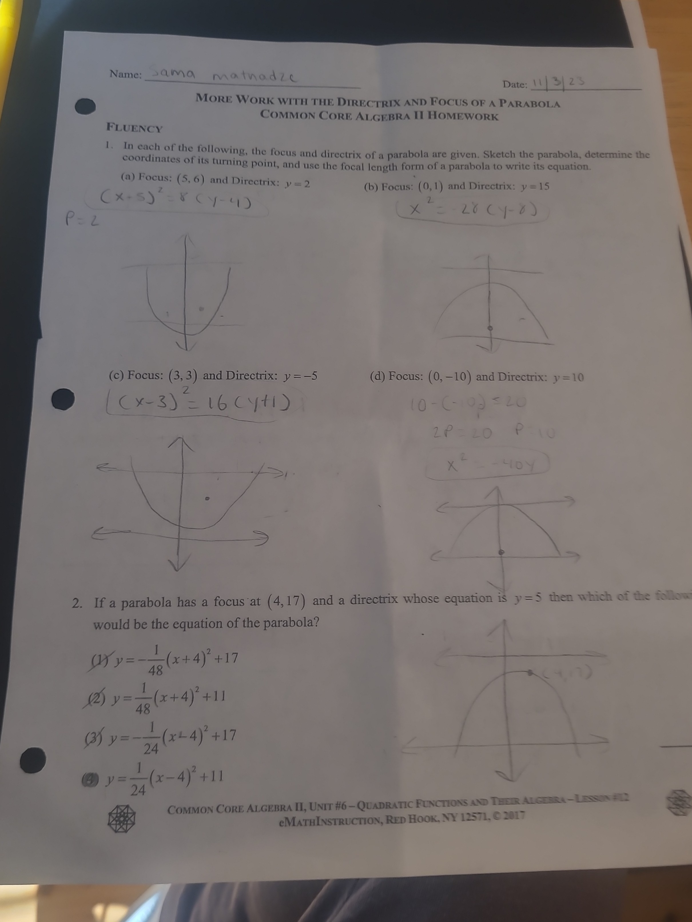 1) Sketch the parabola, and lable the focus, vertex and directrix. a) (y -  1)^2 = -12(x + 4) b) i) y^2 - 6y -2x + 1 = 0, ii) y =