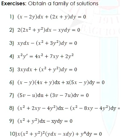 Solved Exercises Obtain Family Of Solutions 1 X 2y Dx 2x Y Dy 0 2 2 2x2 Y2 Dx Xydy 0 3 Xydx X2 3y2 Dy 0 4 Xy