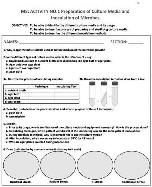 SOLVED: MB: ACTIVITY NO.1 Preparation of Culture Media and Inoculation of  Microbes OBJECTIVES: To be able to identify the different culture media and  its usage, to describe the process of preparing and