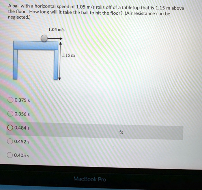 A ball with a horizontal speed of 1.05 m/s rolls off of a tabletop that is 1.15 m above the floor. How long will it take the ball to hit the floor? (Air resistance can be neglected.)
0.375 s
0.356 s
0.484 s
0.452 s
0.405 s
1.05 m/s
1.15 m