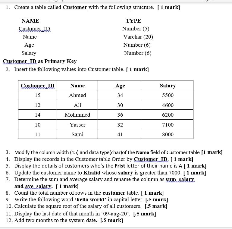 SOLVED: 1. Create a table called Customer with the following structure ...