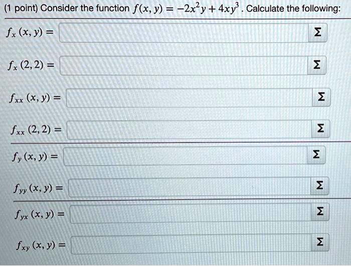 VIDEO solution: Consider the function f(x,y) = -2xy + 4xy. Calculate ...