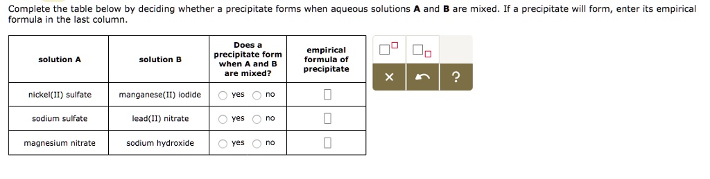 SOLVED: Complete the table below by deciding whether precipitate forms