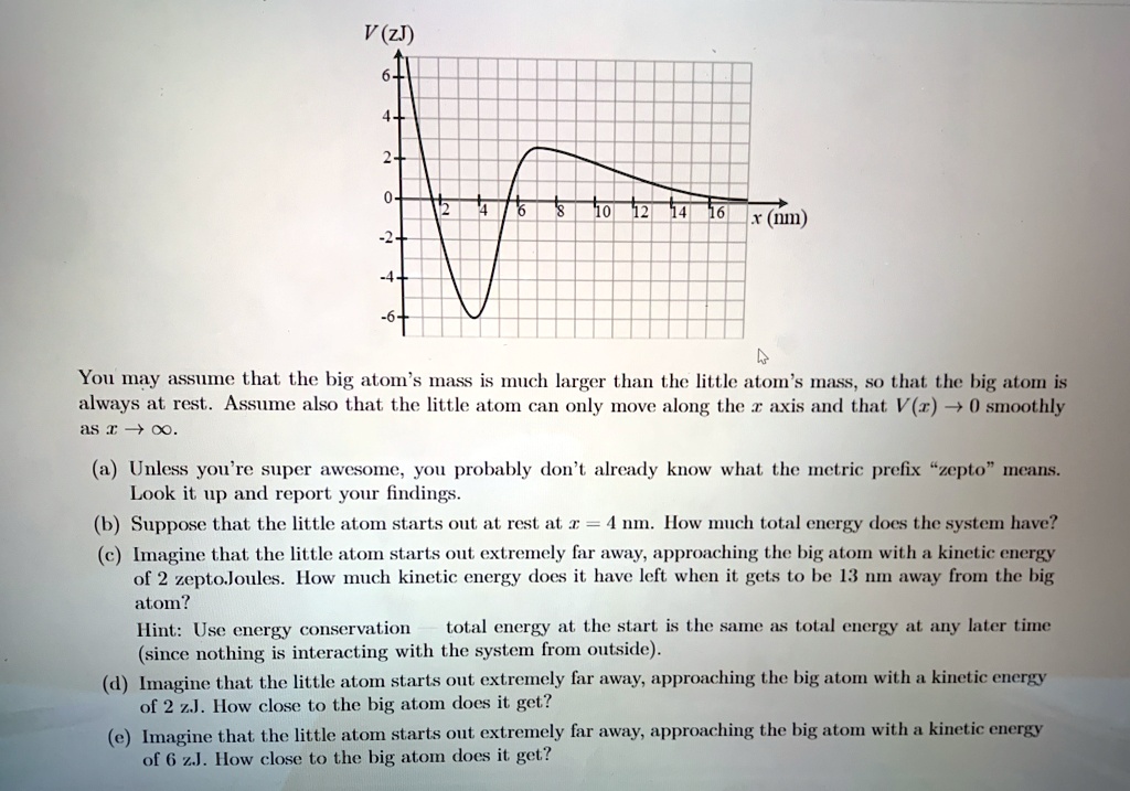 V (ZJ)
6-
4-
2-
0-
2 4 6 8 10 12 14 16
x (nm)
-2-
-4-
-6-
You may assume that the big atom's mass is much larger than the little atom's mass, so that the big atom is
always at rest. Assume also that the little atom can only move along the x axis and that V(x)→ 0 smoothly
as x →∞.
(a) Unless you're super awesome, you probably don't already know what the metric prefix z̈eptom̈eans.
Look it up and report your findings.
(b) Suppose that the little atom starts out at rest at x = 4 nm. How much total energy does the system have?
(c) Imagine that the little atom starts out extremely far away, approaching the big atom with a kinetic energy
of 2 zeptoJoules. How much kinetic energy does it have left when it gets to be 13 nm away from the big
atom?
Hint: Use energy conservation total energy at the start is the same as total energy at any later time
(since nothing is interacting with the system from outside).
(d) Imagine that the little atom starts out extremely far away, approaching the big atom with a kinetic energy
of 2 zJ. How close to the big atom does it get?
(e) Imagine that the little atom starts out extremely far away, approaching the big atom with a kinetic energy
of 6 zJ. How close to the big atom does it get?
