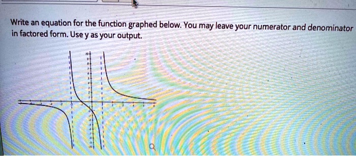 Write an equation for the function graphed below. You may leave your numerator and denominator in factored form. Use y as your output.