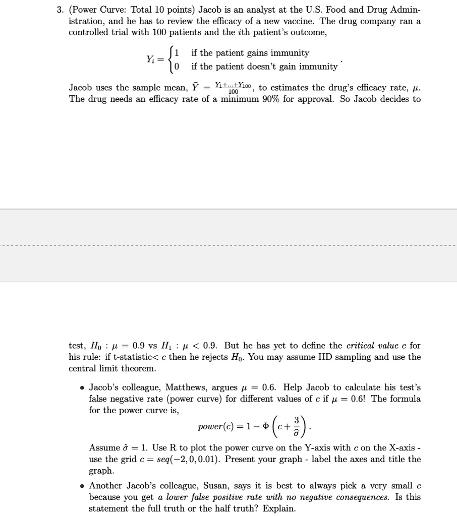Solved 3 Power Curve Total 10 Points Jacob Is An Analyst At The U S Food And Drug Admin Istration And He Has To Review The Efficacy Of A New Vaccine The Drug Company