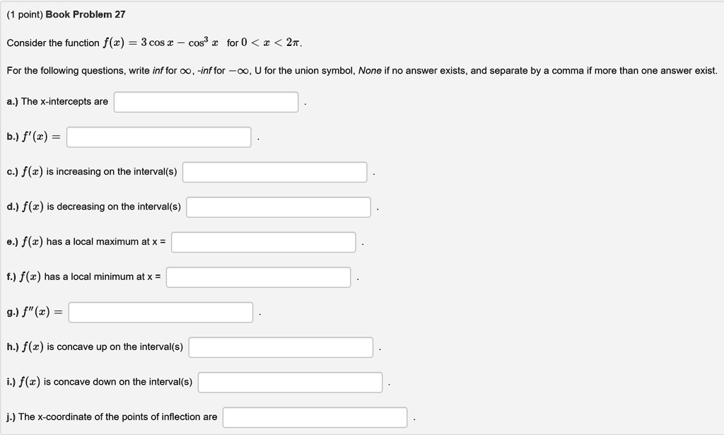 Solved Point Book Problem 27 Consider The Function F C 3cos A Cos A For 0 X 2t For The Following Questions Write Inf For 00 Inf For U For