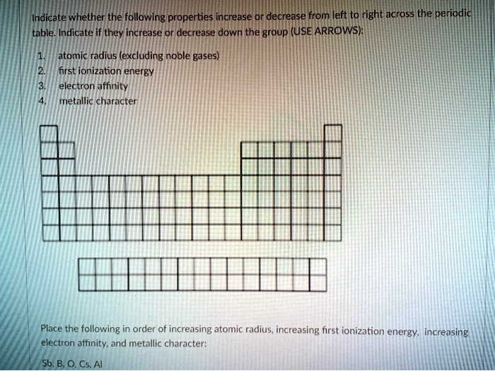 indicate whether the following properties increase or decrease from ...
