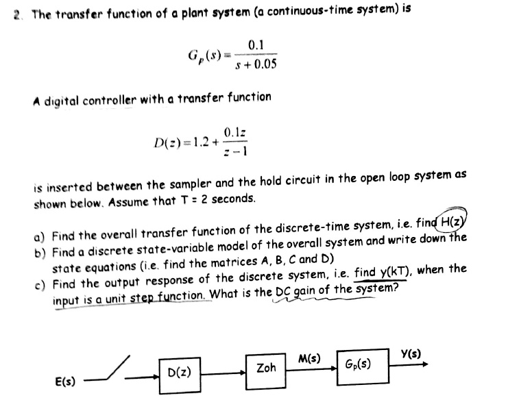 SOLVED: 2. The transfer function of a plant system (a continuous-time ...