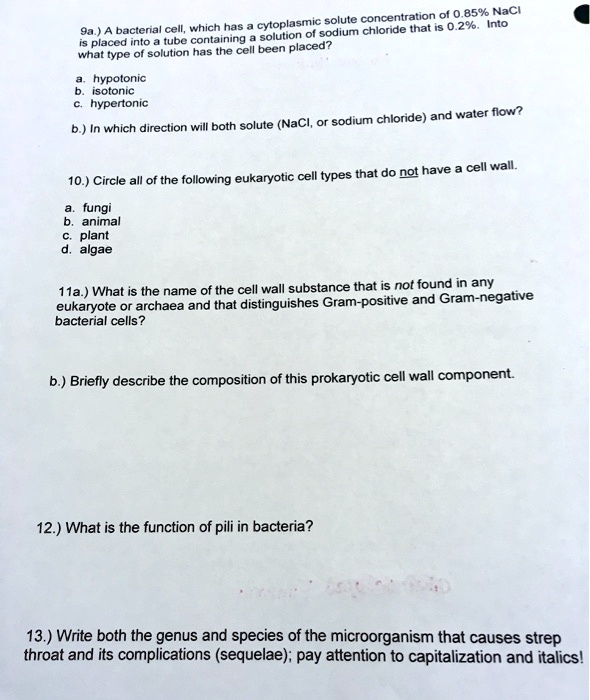 9a.) A bacterial cell, which has a cytoplasmic solute concentration of 0.85% NaCl is placed into a tube containing a solution of sodium chloride that is 0.2%. Into what type of solution has the cell been placed?
a. hypotonic
b. isotonic
c. hypertonic

b.) In which direction will both solute (NaCl, or sodium chloride) and water flow?

10.) Circle all of the following eukaryotic cell types that do not have a cell wall.
a. fungi
b. animal
c. plant
d. algae

11a.) What is the name of the cell wall substance that is not found in any eukaryote or archaea and that distinguishes Gram-positive and Gram-negative bacterial cells?

b.) Briefly describe the composition of this prokaryotic cell wall component.

12.) What is the function of pili in bacteria?

13.) Write both the genus and species of the microorganism that causes strep throat and its complications (sequelae); pay attention to capitalization and italics!