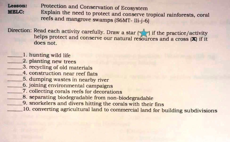 SOLVED: Lesson: MELC: Protection and Conservation of Ecosystem Explain ...