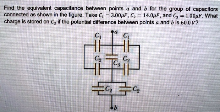 Find the equivalent capacitance between points a and b for the group of capacitors connected as shown in the figure. Take C1 = 3.00?F, C2 = 14.0?F, and C3 = 1.00?F. What charge is stored on C3 if the potential difference between points a and b is 60.0 V?