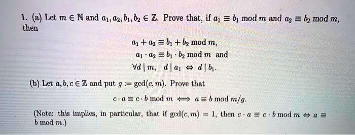 Solved 1 0 Let M A N And 01 02 61 B2 A Z Prove That If 01 B Mod M And 2 B Mod M Then 1 62 B1 B2