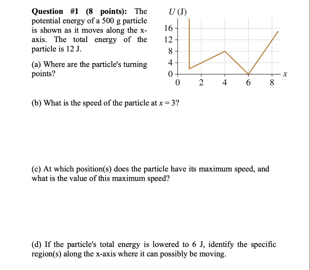 Question #1 (8 points): The potential energy of a 500 g particle is shown as it moves along the x- axis. The total energy of the particle is 12 J.
(a) Where are the particle's turning points?
U (J)
16
12
8
4
0
0 2 4 6 8 x
(b) What is the speed of the particle at x = 3?
(c) At which position(s) does the particle have its maximum speed, and what is the value of this maximum speed?
(d) If the particle's total energy is lowered to 6 J, identify the specific region(s) along the x-axis where it can possibly be moving.
