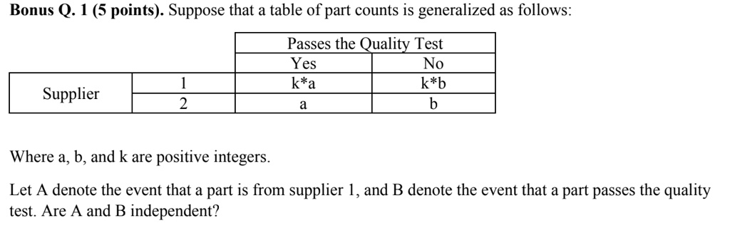 SOLVED: Bonus Q. 1 (5 points). Suppose that a table of part counts is ...
