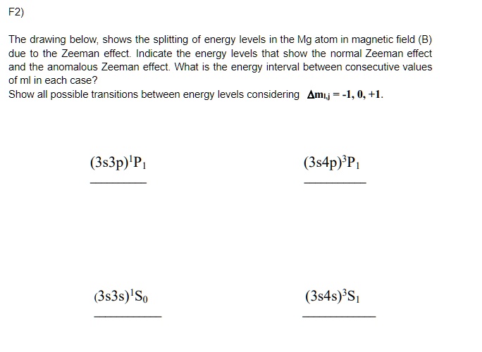 The drawing below shows the splitting of energy levels in the Mg atom ...