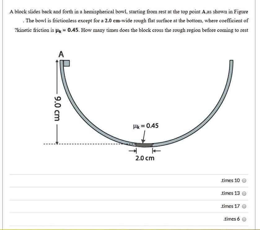 A block slides back and forth in a hemispherical bowl, starting from rest at the top point A, as shown in Figure. The bowl is frictionless except for a 2.0 cm-wide rough flat surface at the bottom, where coefficient of kinetic friction is ?k = 0.45. How many times does the block cross the rough region before coming to rest? A 9.0 cm ?k = 0.45 2.0 cm .times 10 .times 13 .times 17 .times 6