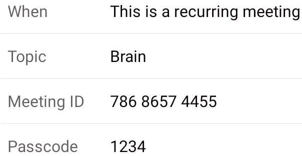 When
This is a recurring meeting
Topic
Brain
Meeting ID 786 8657 4455
Passcode
1234