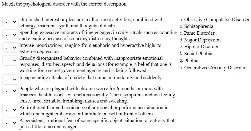 SOLVED: Match the psychological disorder with the correct description