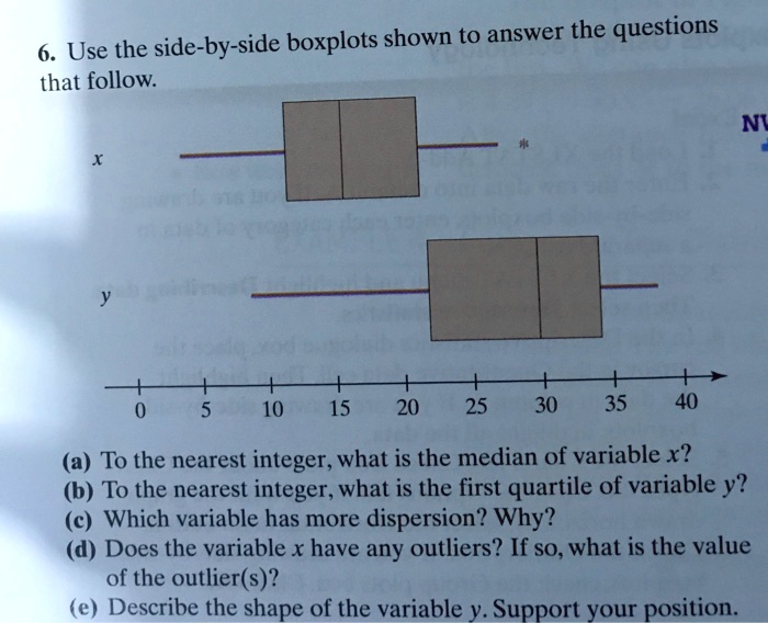6. Use the side-by-side boxplots shown to answer the questions
that follow.
x
y
*
+
+
+
+
+
+
+
0
5
10
15
20
25
30
35
40
(a) To the nearest integer, what is the median of variable x?
(b) To the nearest integer, what is the first quartile of variable y?
(c) Which variable has more dispersion? Why?
(d) Does the variable x have any outliers? If so, what is the value
of the outlier(s)?
(e) Describe the shape of the variable y. Support your position.