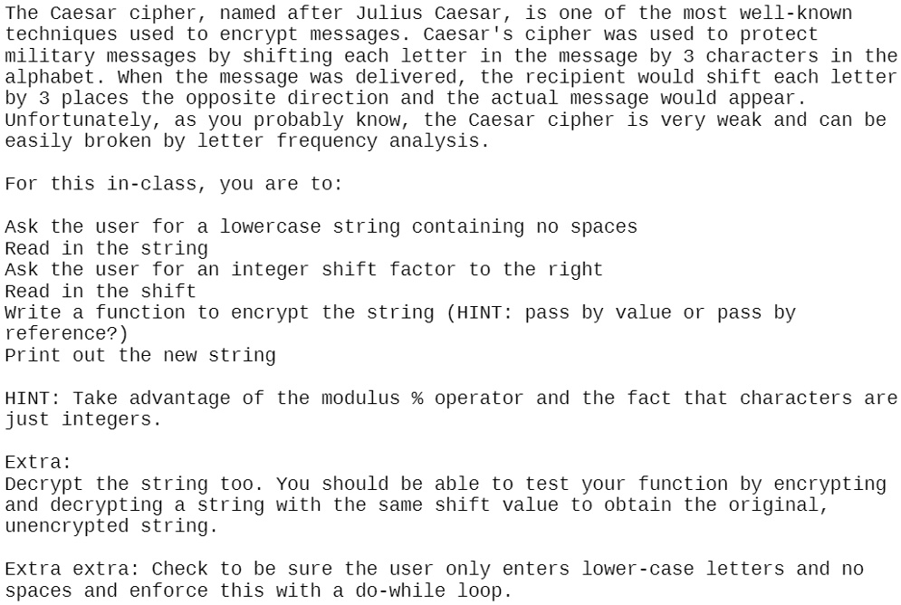 this is a problem i have that needs to be done in c the caesar cipher ...