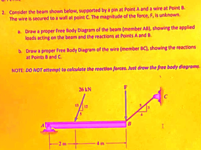 2. Consider the beam shown below, supported by a pin at Point A and a wire at Point B. The wire is secured to a wall at point C. The magnitude of the force, F, is unknown.

a. Draw a proper Free Body Diagram of the beam (member AB), showing the applied loads acting on the beam and the reactions at Points A and B.

b. Draw a proper Free Body Diagram of the wire (member BC), showing the reactions at Points B and C.

NOTE: DO NOT attempt to calculate the reaction forces. Just draw the free body diagrams.