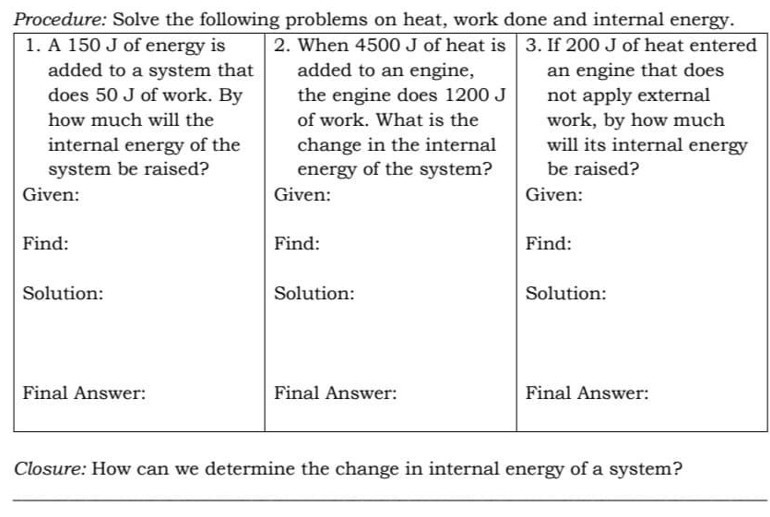 Procedure: Solve the following problems on heat, work done and internal ...