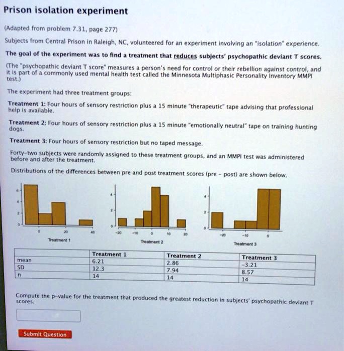 Prison isolation experiment
(Adapted from problem 7.31, page 277)
Subjects from Central Prison in Raleigh, NC, volunteered for an experiment involving an "isolation" experience.
The goal of the experiment was to find a treatment that reduces subjects' psychopathic deviant T scores.
(The "psychopathic deviant T score" measures a person's need for control or their rebellion against control, and it is part of a commonly used mental health test called the Minnesota Multiphasic Personality Inventory MMPI test.)
The experiment had three treatment groups:
Treatment 1: Four hours of sensory restriction plus a 15 minute "therapeutic" tape advising that professional help is available.
Treatment 2: Four hours of sensory restriction plus a 15 minute "emotionally neutral" tape on training hunting dogs.
Treatment 3: Four hours of sensory restriction but no taped message.
Forty-two subjects were randomly assigned to these treatment groups, and an MMPI test was administered before and after the treatment.
Distributions of the differences between pre and post treatment scores (pre - post) are shown below.
Treatment 1 Treatment 2 Treatment 3
mean 6.21 2.86 -3.21
SD 12.3 7.94 8.57
n 14 14 14
Compute the p-value for the treatment that produced the greatest reduction in subjects' psychopathic deviant T scores.
