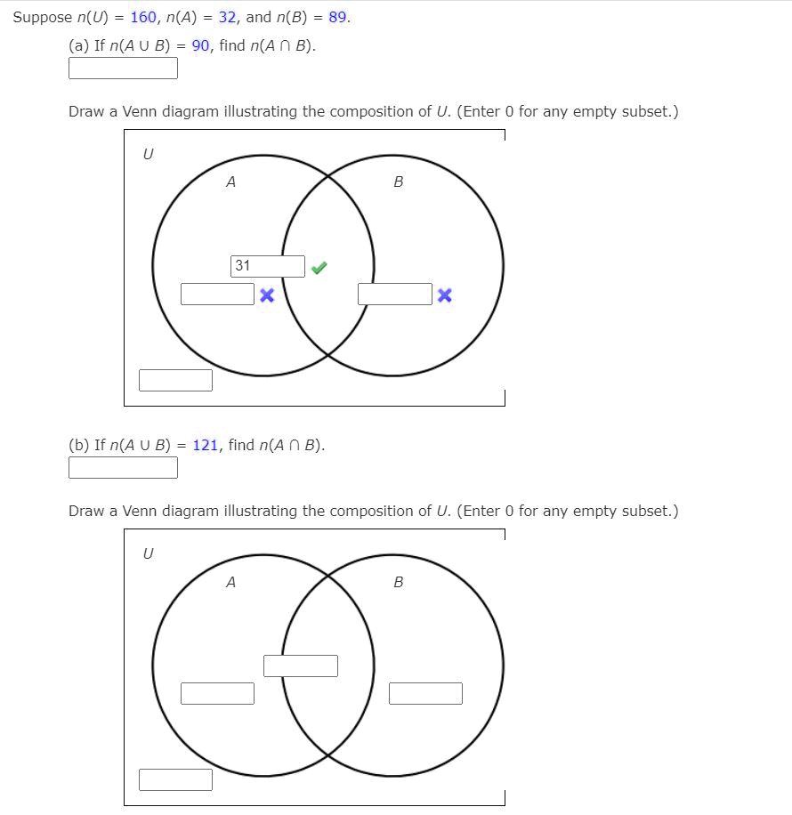 SOLVED: Suppose N(U) 160, N(A) 32, And N(B) 89 If N(A U B) 90, Find N(A ...