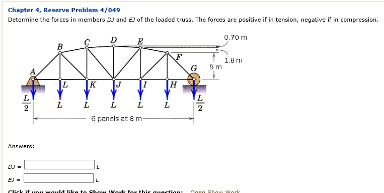 SOLVED: Determine the forces in members DJ and EJ of the loaded truss ...