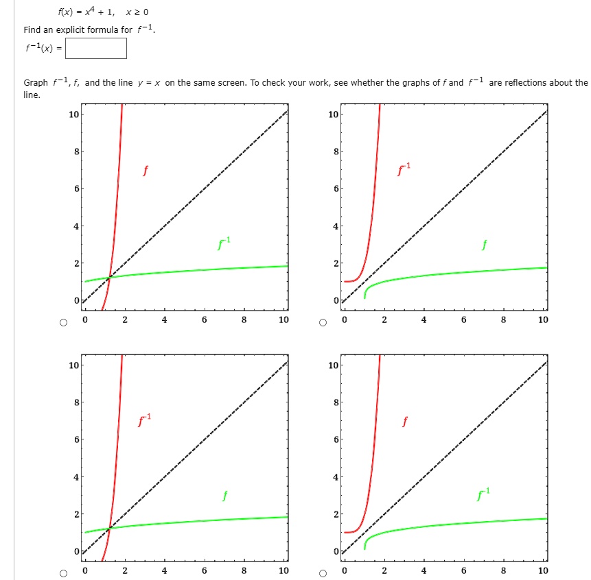f(x) = x^4 + 1, x ? 0
Find an explicit formula for f?¹.
f?¹(x) =
Graph f?¹, f, and the line y = x on the same screen. To check your work, see whether the graphs of f and f?¹ are reflections about the line.
