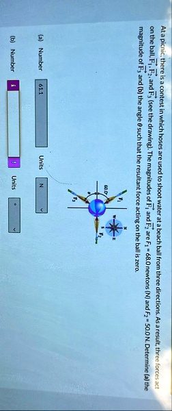 at a picnic there is a contest in which hoses are used to shoot water at a beach ball from three directions as a result three forces act on the ball vecf1 vecf2 and vecf3 see the drawing  47503