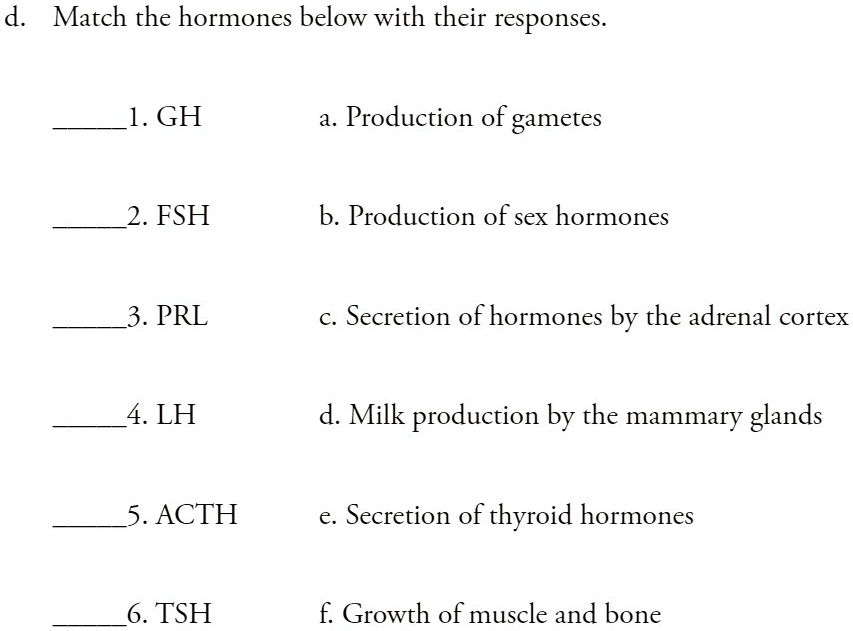 d. Match the hormones below with their responses.

1. GH a. Production of gametes

2. FSH b. Production of sex hormones

3. PRL c. Secretion of hormones by the adrenal cortex

4. LH d. Milk production by the mammary glands

5. ACTH e. Secretion of thyroid hormones

6. TSH f. Growth of muscle and bone