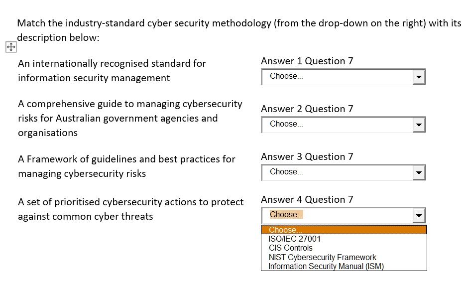 Match the industry-standard cyber security methodology (from the drop ...