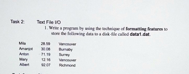 Solved Task 2 Text File I O Writing Data To A Disk File Write A Solved Task 2 Text File I O Writing Data To A Disk File Write A